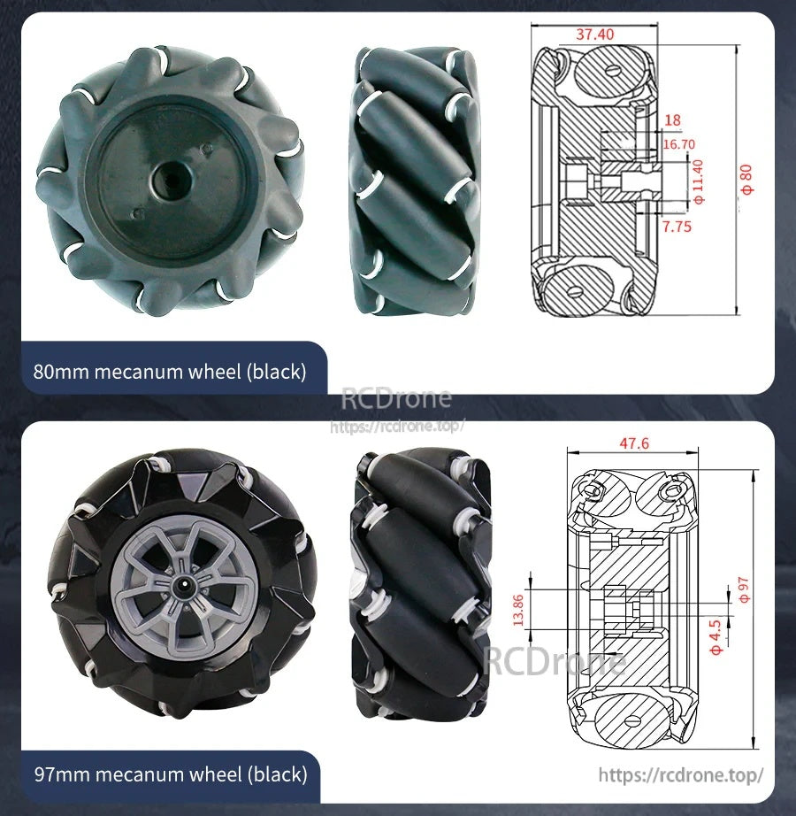 Size drawings for 80mm black mecanum wheel and 97mm black mecanum wheel with roller layout and dimensions