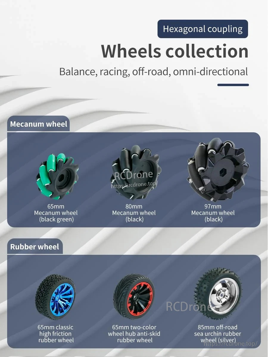 Wheel lineup overview: 65/80/97mm mecanum wheels and 65/85mm rubber wheels for balance, racing, and off-road cars