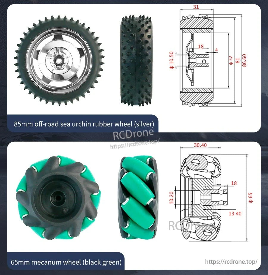 Product size drawings: 85mm off-road sea-urchin rubber wheel and 65mm black-green mecanum wheel