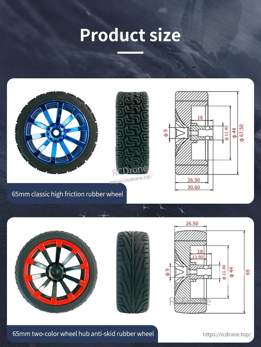 Dimension drawings for 65mm classic high-friction rubber wheel and 65mm two-color anti-skid rubber wheel