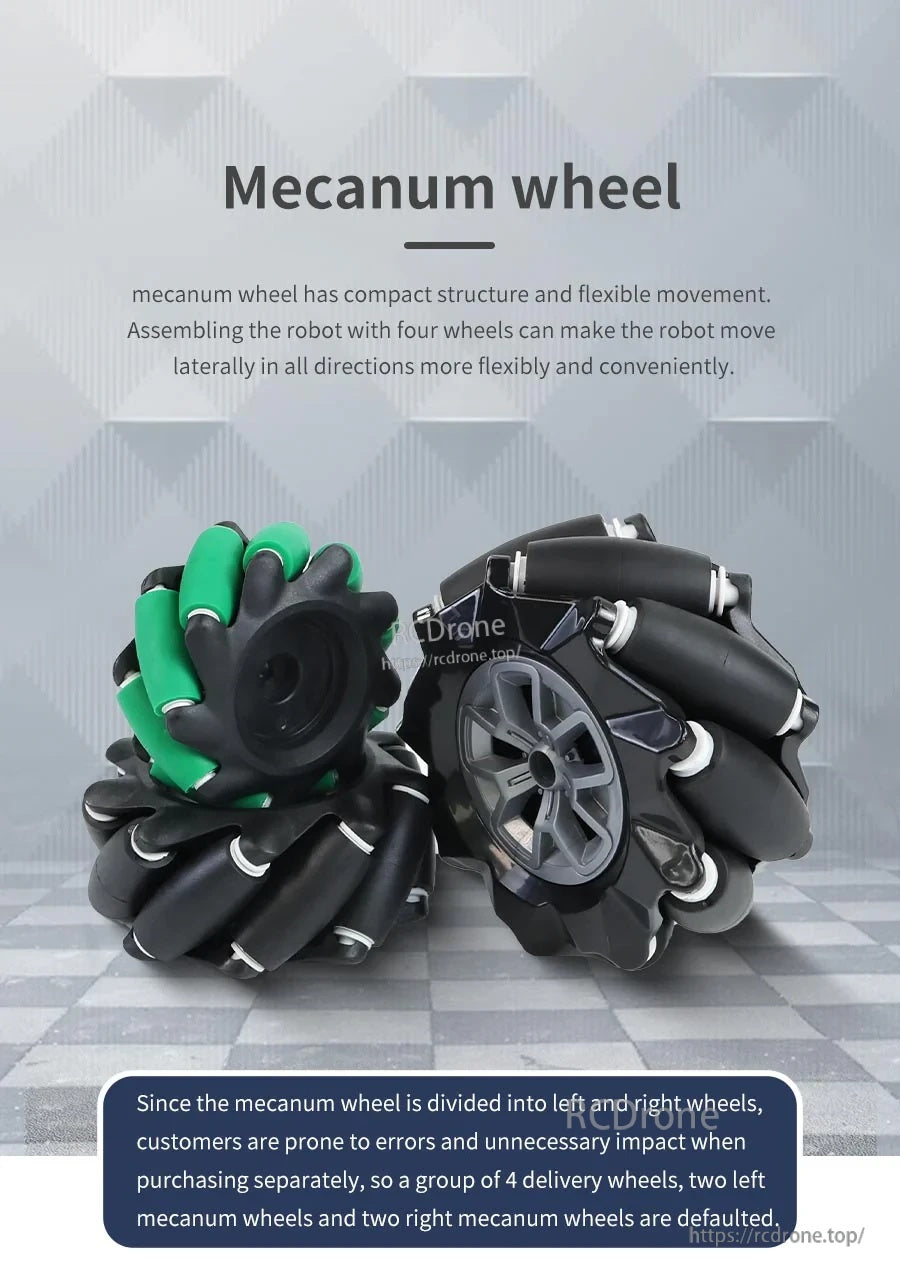 Mecanum wheels set for omni-directional robot movement; left/right wheel orientation note for 4-wheel setups