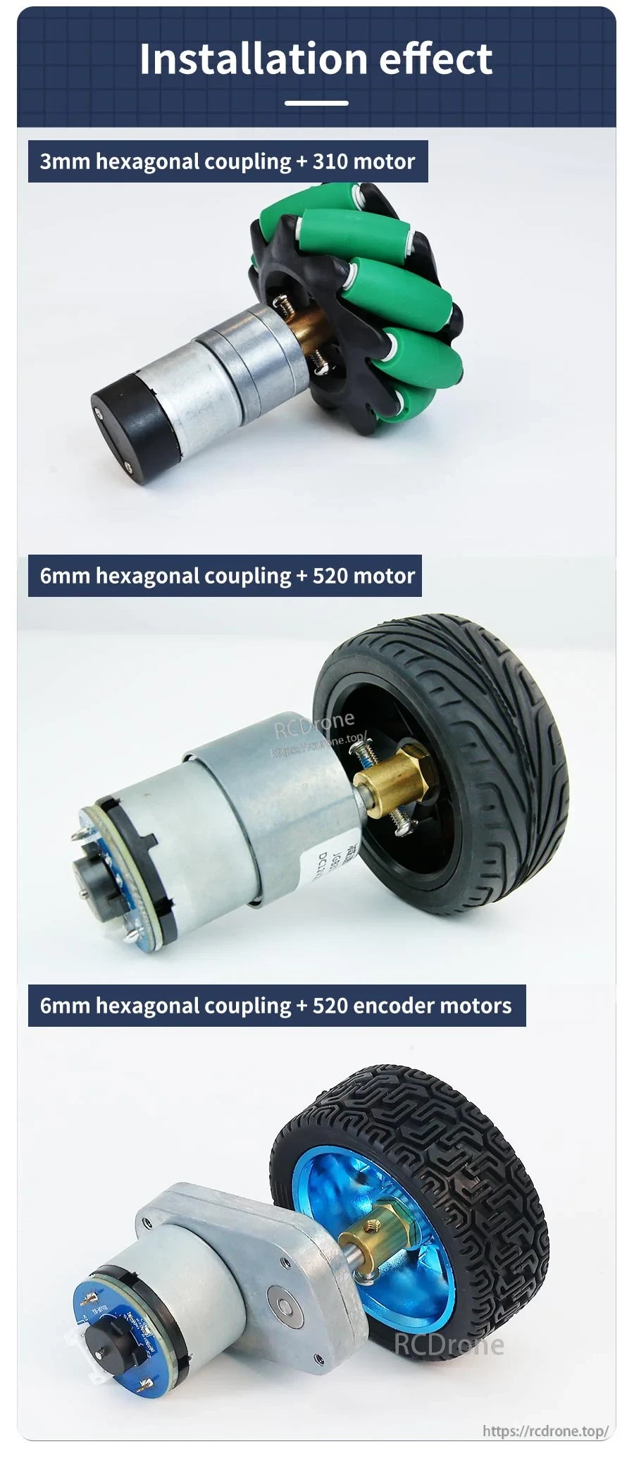 Installation examples: 3mm hex coupling with 310 motor and 6mm hex coupling with 520 motor and 520 encoder motor