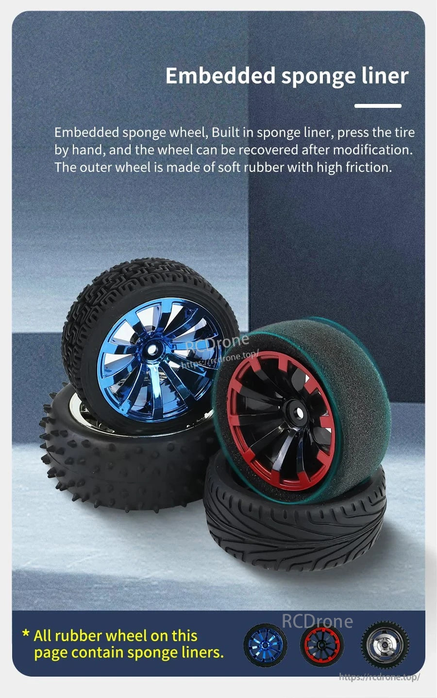 Rubber wheels with embedded sponge liner under soft rubber casing; note that all rubber wheels include sponge liners