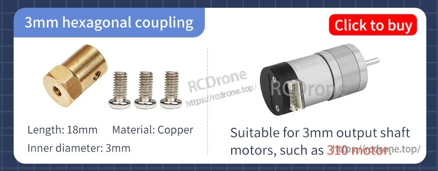 3mm hexagonal coupling kit (18mm length) with screws; suitable for 3mm motor output shafts like 310 motors