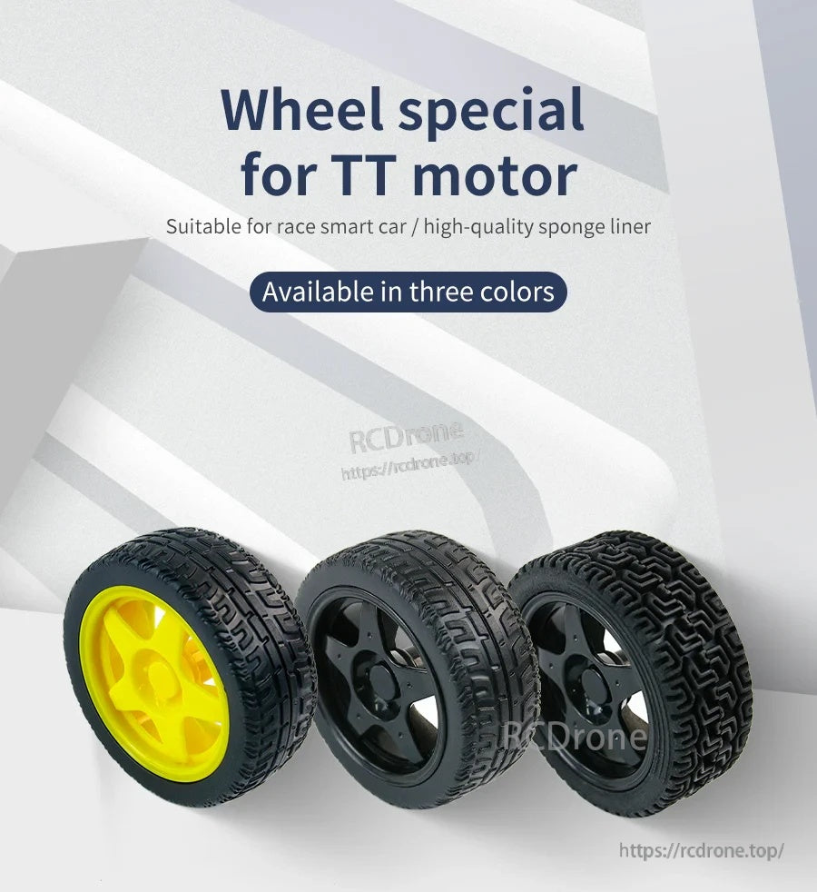 65mm rubber wheel tire for TT geared motor smart car, ABS hub with rubber tread; three color options