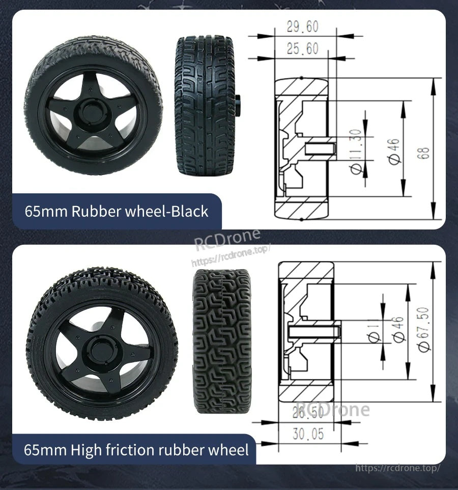 Black 65mm rubber wheel and high-friction version with size drawings and dimension callouts