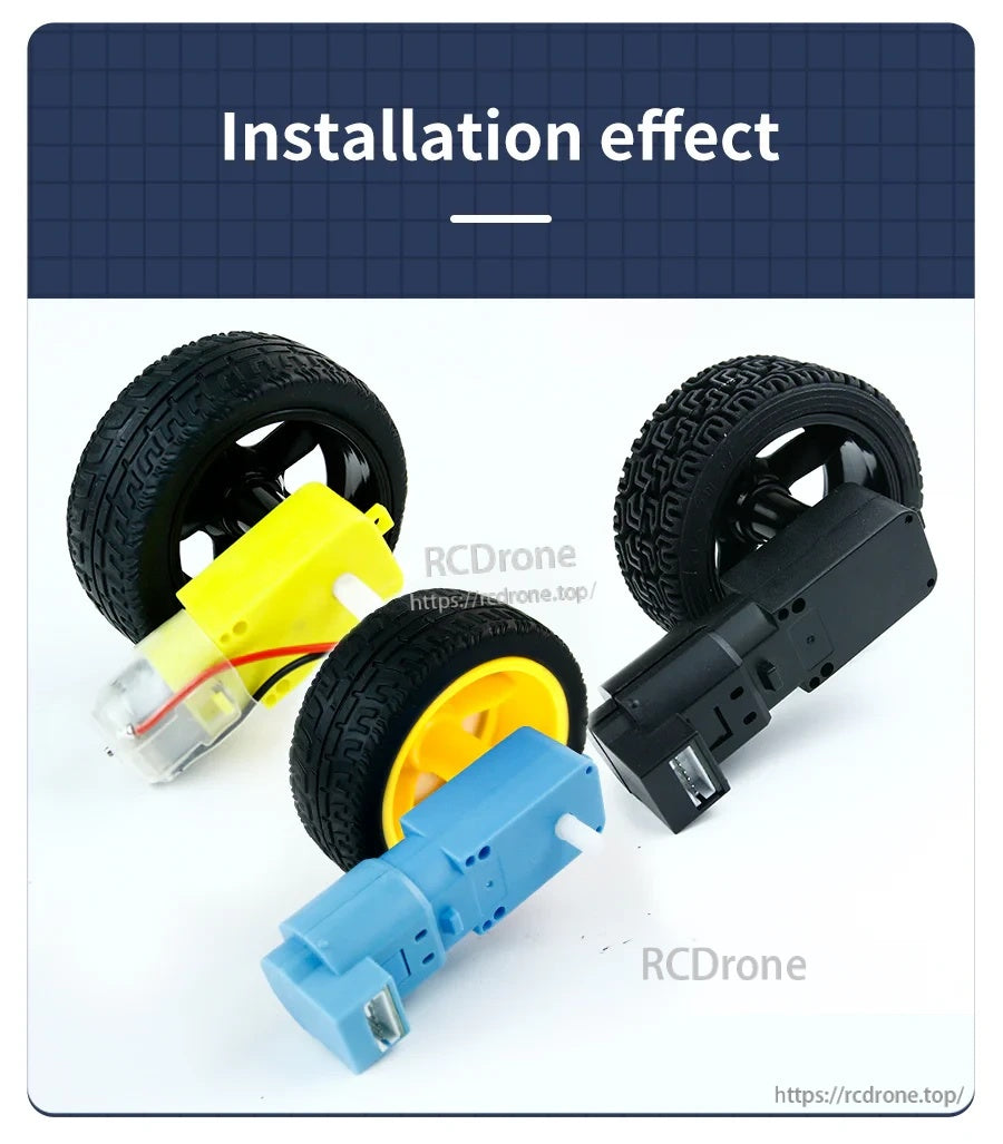 65mm rubber wheels installed on TT gear motors, showing direct mount fit on yellow, blue, and black motors