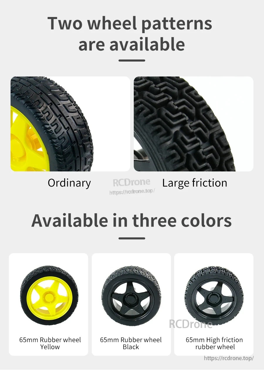 Two tread patterns for TT motor wheel: ordinary tread and large-friction tread; yellow and black hub options