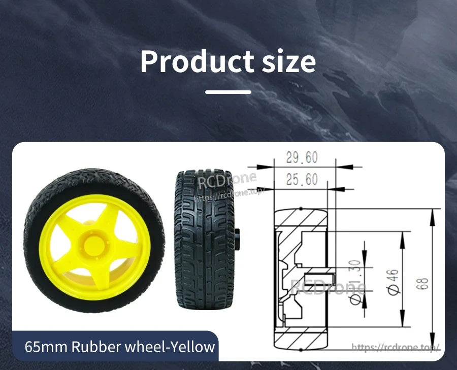 65mm rubber wheel (yellow hub) size drawing with key dimensions and axle bore callouts