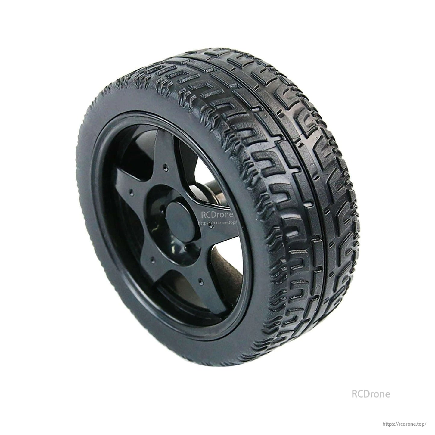 Single 65mm robot wheel with black ABS hub and patterned rubber tread, angled side view