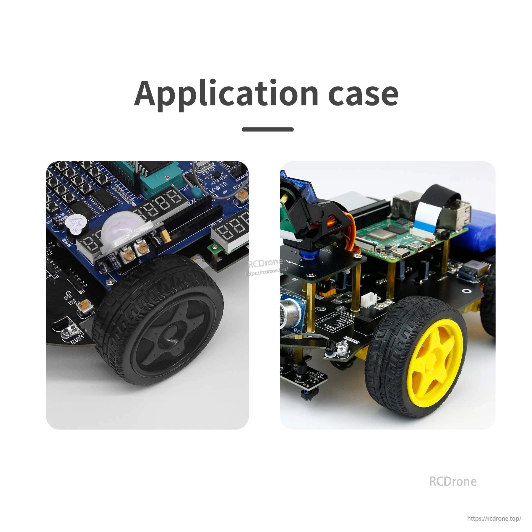 Application case showing 65mm robot wheels installed on small smart car and 4WD robot platform