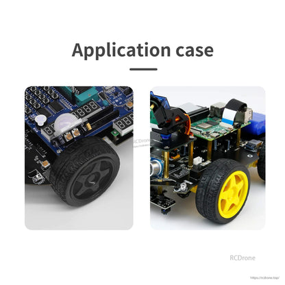 Application case showing 65mm robot wheels installed on small smart car and 4WD robot platform
