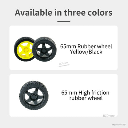 65mm rubber wheel tire options shown in yellow/black and high-friction tread version, three color choices