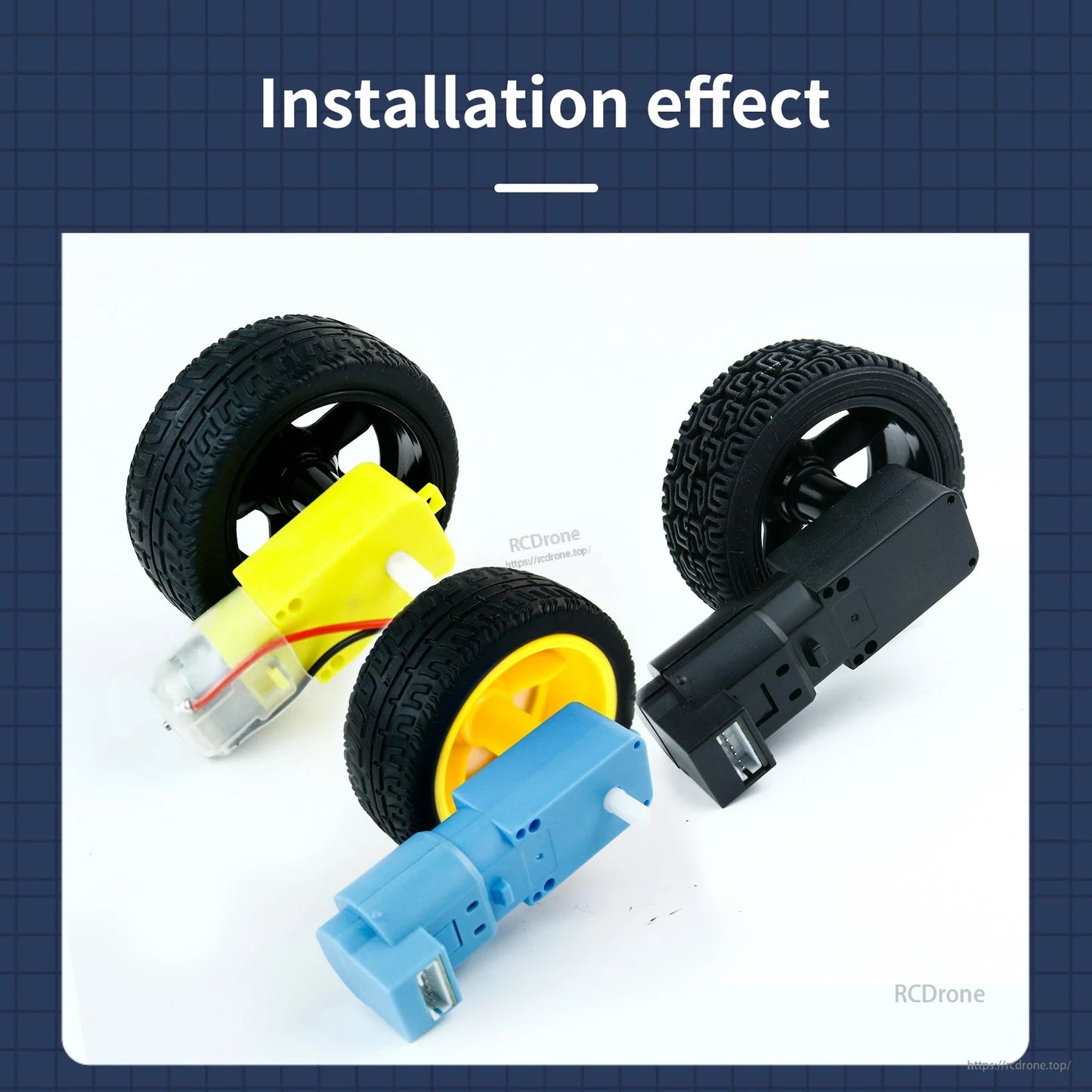 Installation effect: wheels mounted on TT geared motors in different housings, yellow and black wheels shown