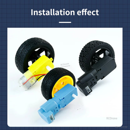 Installation effect: wheels mounted on TT geared motors in different housings, yellow and black wheels shown