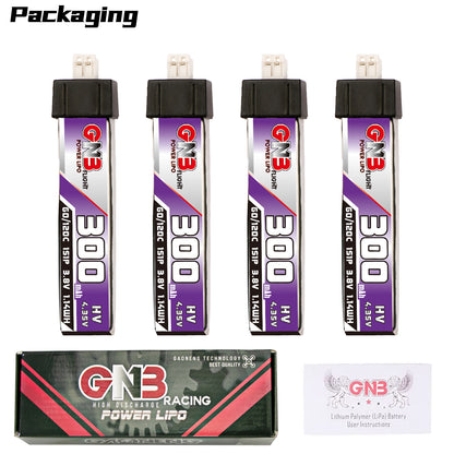 Packaging contents: 4x GNB 300mAh 1S LiHV batteries, GNB Racing Power LiPo box, and user instructions