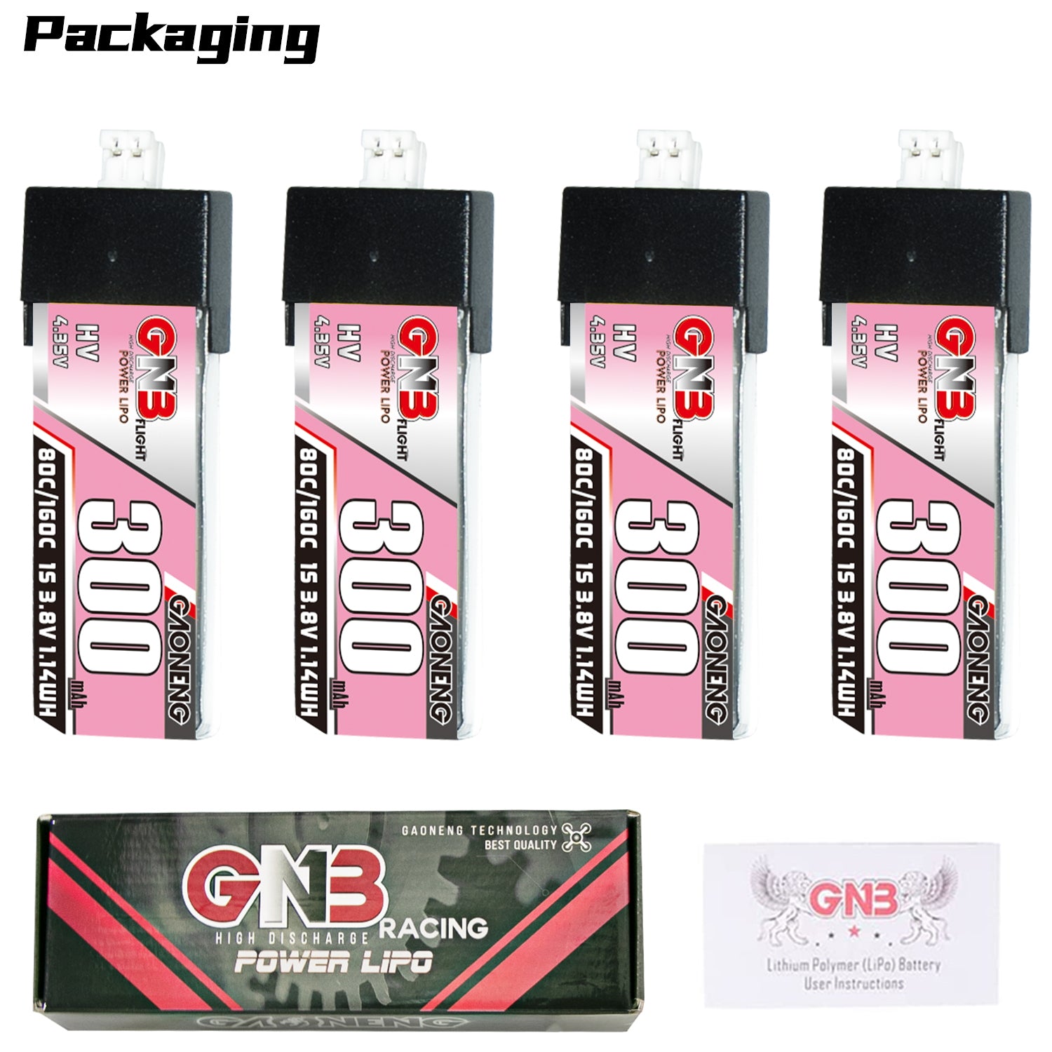 Packaging contents: 4 GNB 300mAh HV 1S batteries, GNB Racing Power LiPo box, and manual card