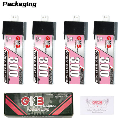 Packaging contents: 4 GNB 300mAh HV 1S batteries, GNB Racing Power LiPo box, and manual card