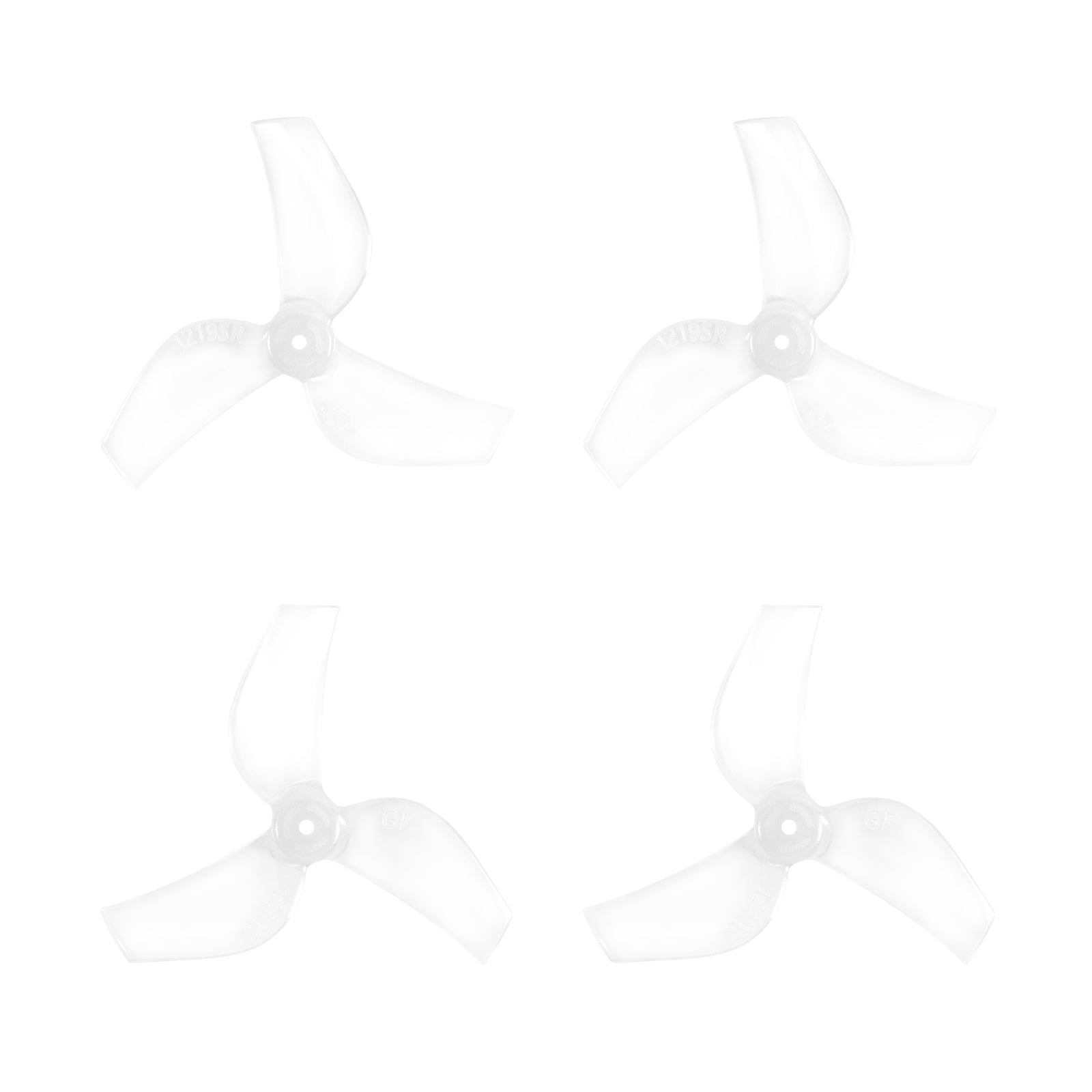 Gemfan 1219S 3-Blade Propeller set, clear three-blade micro drone props on white background