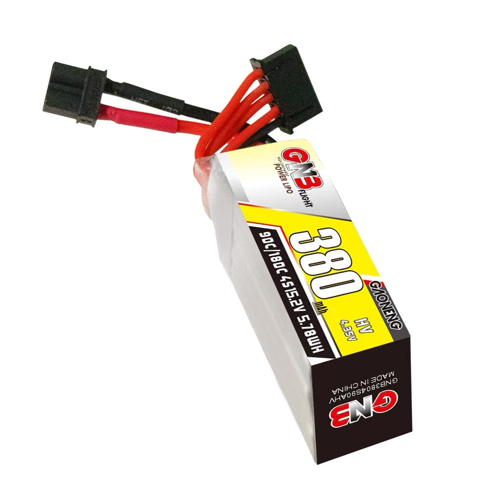 Single GAONENG GNB LiHV 4S 380mAh battery angled view showing wiring and connector plugs
