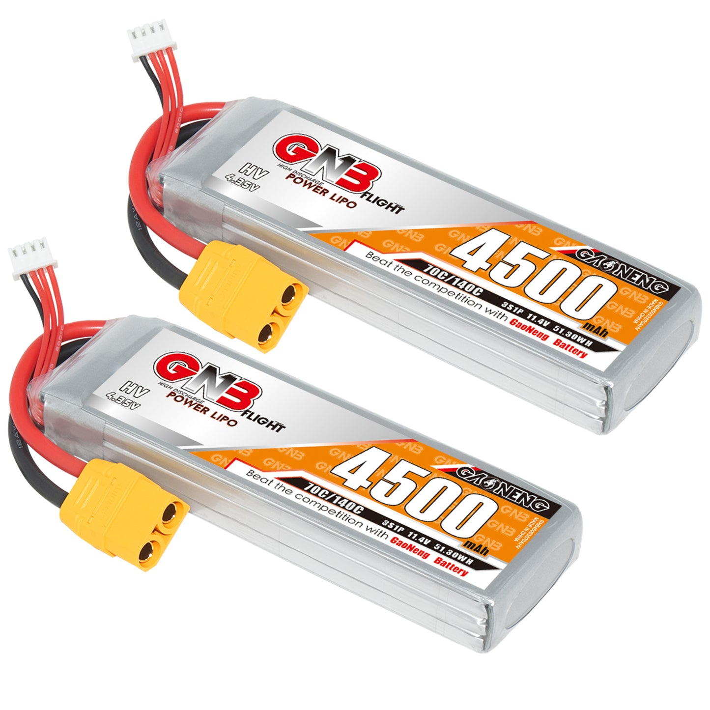 Two GNB 4500mAh 3S LiHV batteries shown with XT90 plugs and balance leads