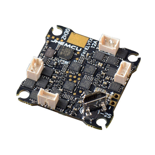 JHEMCU F411ELVTX F411 AIO Flight Controller board, angled top view with multiple plug connectors