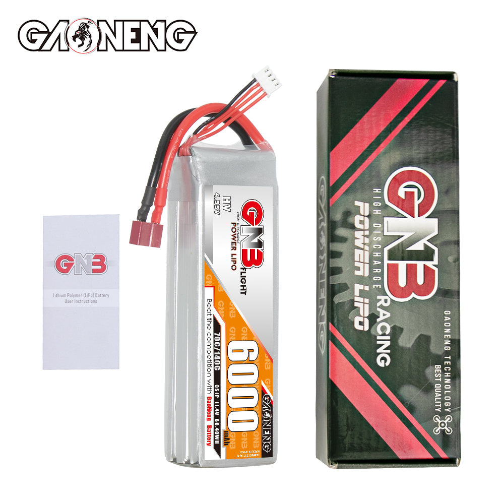 Package contents: GNB 6000mAh LiHV battery, GNB branded box, and instruction leaflet