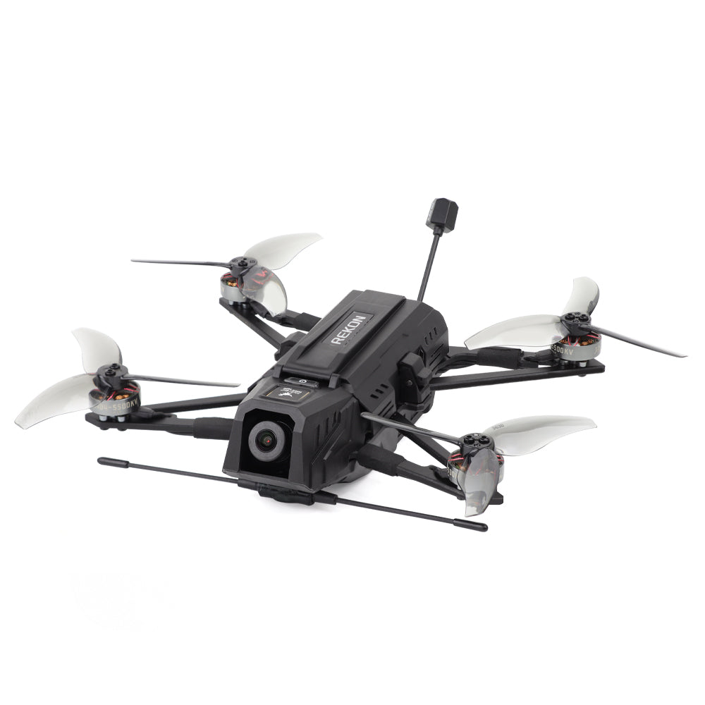 Rekon35 v2 FPV drone three-quarter front view showing protective camera housing and prop guards