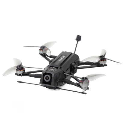 Rekon35 v2 FPV drone three-quarter front view showing protective camera housing and prop guards