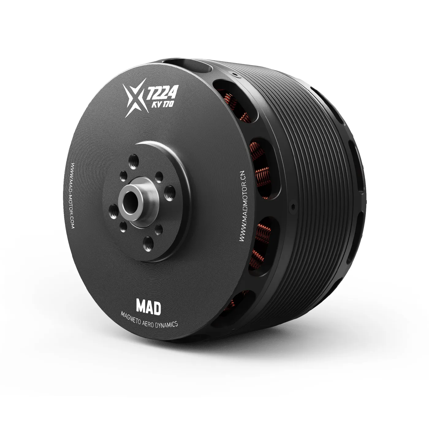 MAD X7224 IPE V2.0 eVTOL Airplane Drone Motor, MAD X7224 KV170 brushless drone motor with ribbed black housing, front mounting holes, and visible copper windings