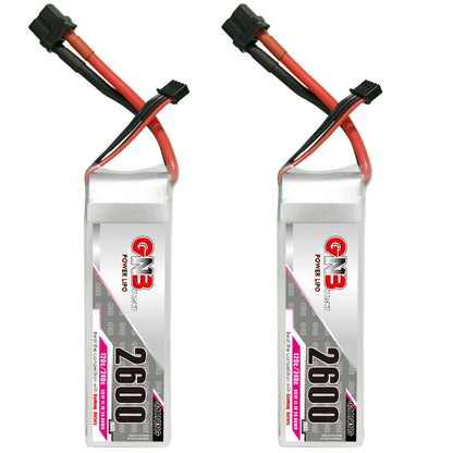Two GNB Power LiPo batteries shown side by side, front label view with leads and connectors