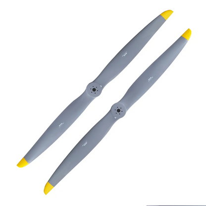 Gray two-blade paramotor propeller set with yellow tips and center hub mounting holes