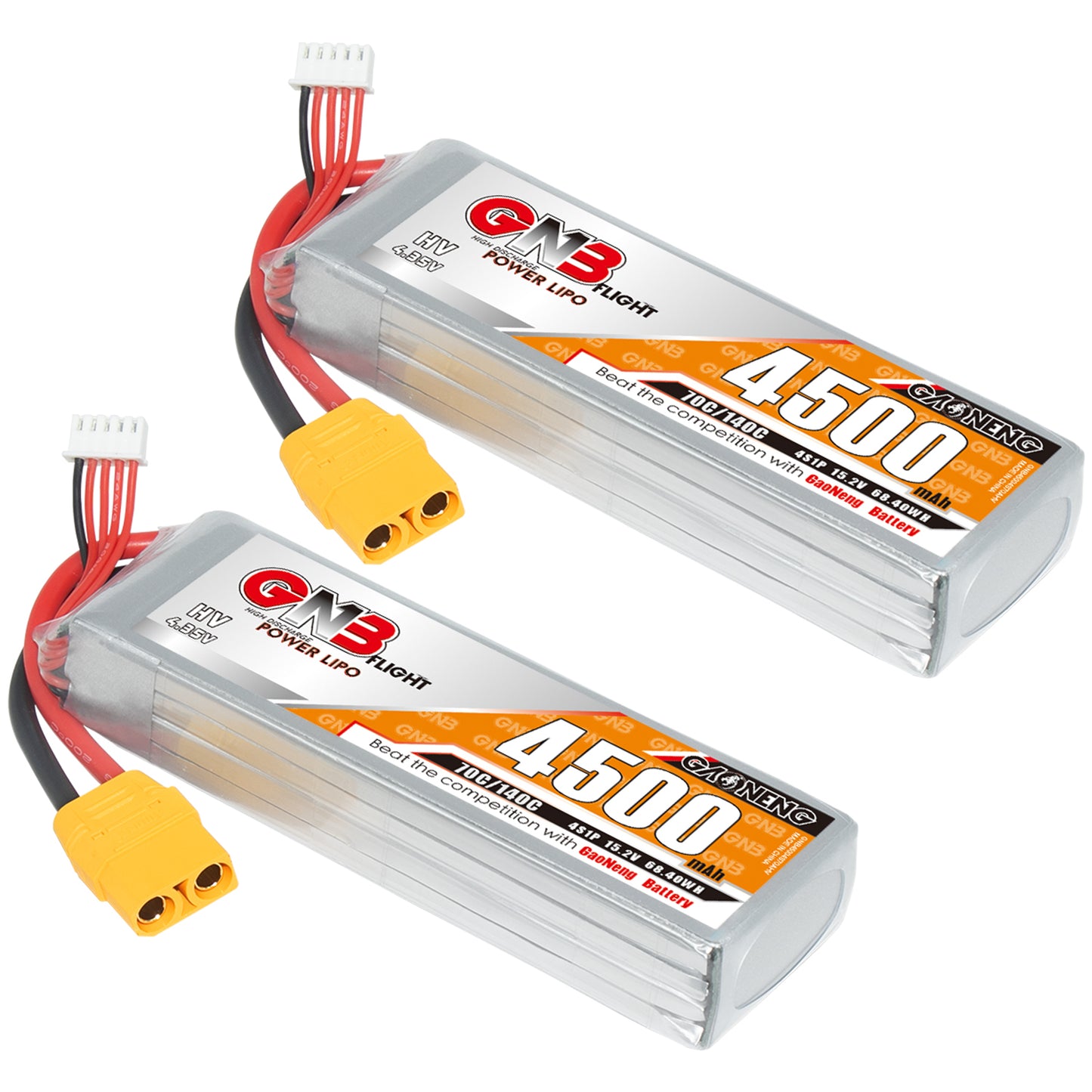 Two GAONENG GNB 4500mAh LiHV 4S LiPo batteries with yellow XT90 plugs, angled top view