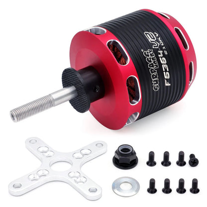 Surpass Hobby F6364 210KV motor kit with X-mount plate, prop adapter nut, washer, and screws