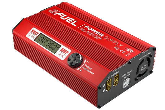 SkyRC eFUEL 540W 30A regulated power supply, red case with voltage display, DC outputs and USB port