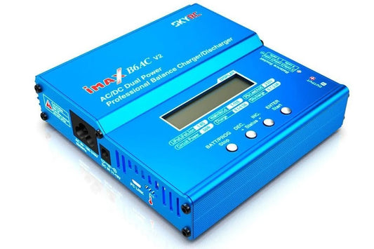 SkyRC iMAX B6AC V2 balance charger with LCD screen, control buttons, and blue anodized aluminum case