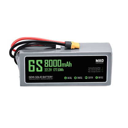 MAD 6S 8000mAh 22.2V semi-solid drone battery pack with label and XT60-style connector lead