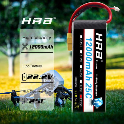 HRB 12000mAh 22.2V 25C LiPo battery shown in outdoor drone scene with capacity and voltage callouts