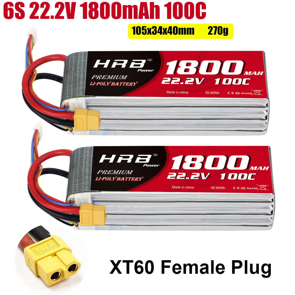 Two HRB 6S 22.2V 1800mAh 100C LiPo batteries with dimensions 105x34x40mm and 270g, XT60 female plug