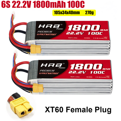 Two HRB 6S 22.2V 1800mAh 100C LiPo batteries with dimensions 105x34x40mm and 270g, XT60 female plug