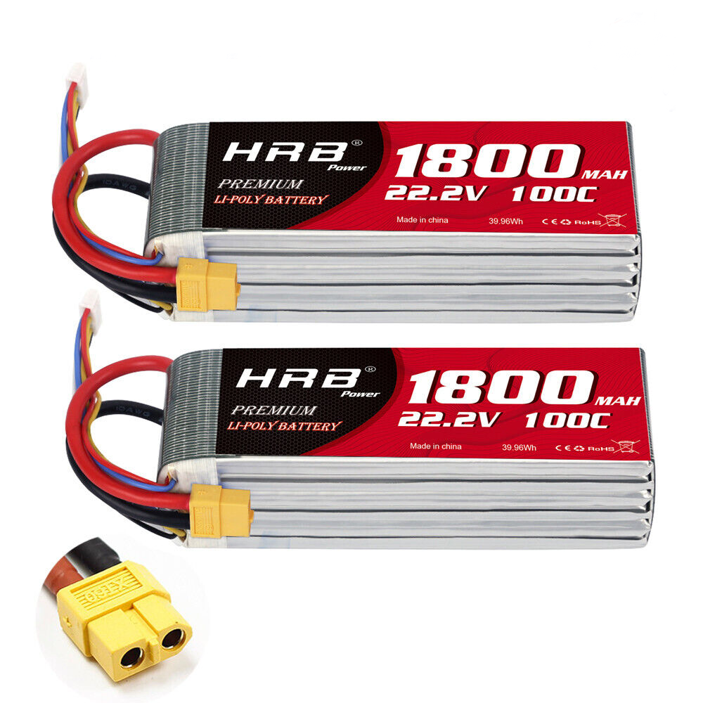 HRB 6S 22.2V 1800mAh 100C LiPo Battery two-pack with XT60 female plug close-up