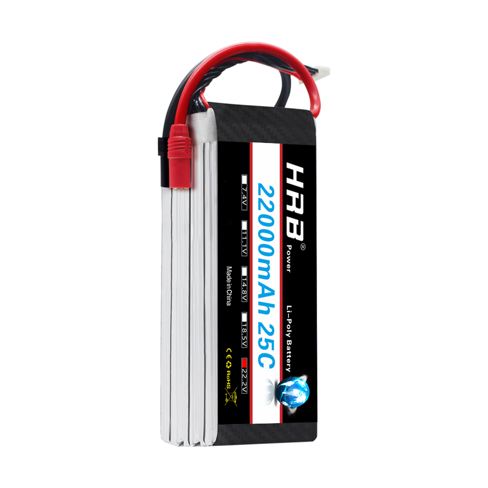 HRB 22.2V 22000mAh 6S 25C LiPo battery pack, upright view with lead wires and connector
