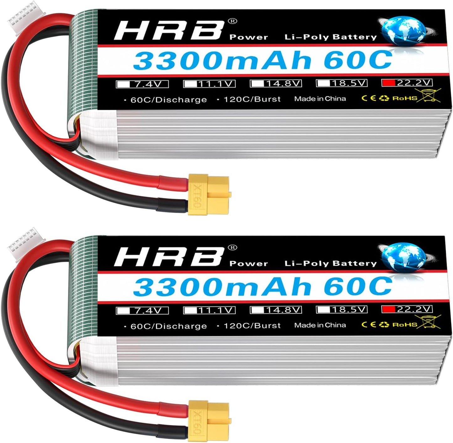HRB 2-Pack 6S 22.2V 3300mAh 60C LiPo battery set with XT60 connectors, front label view