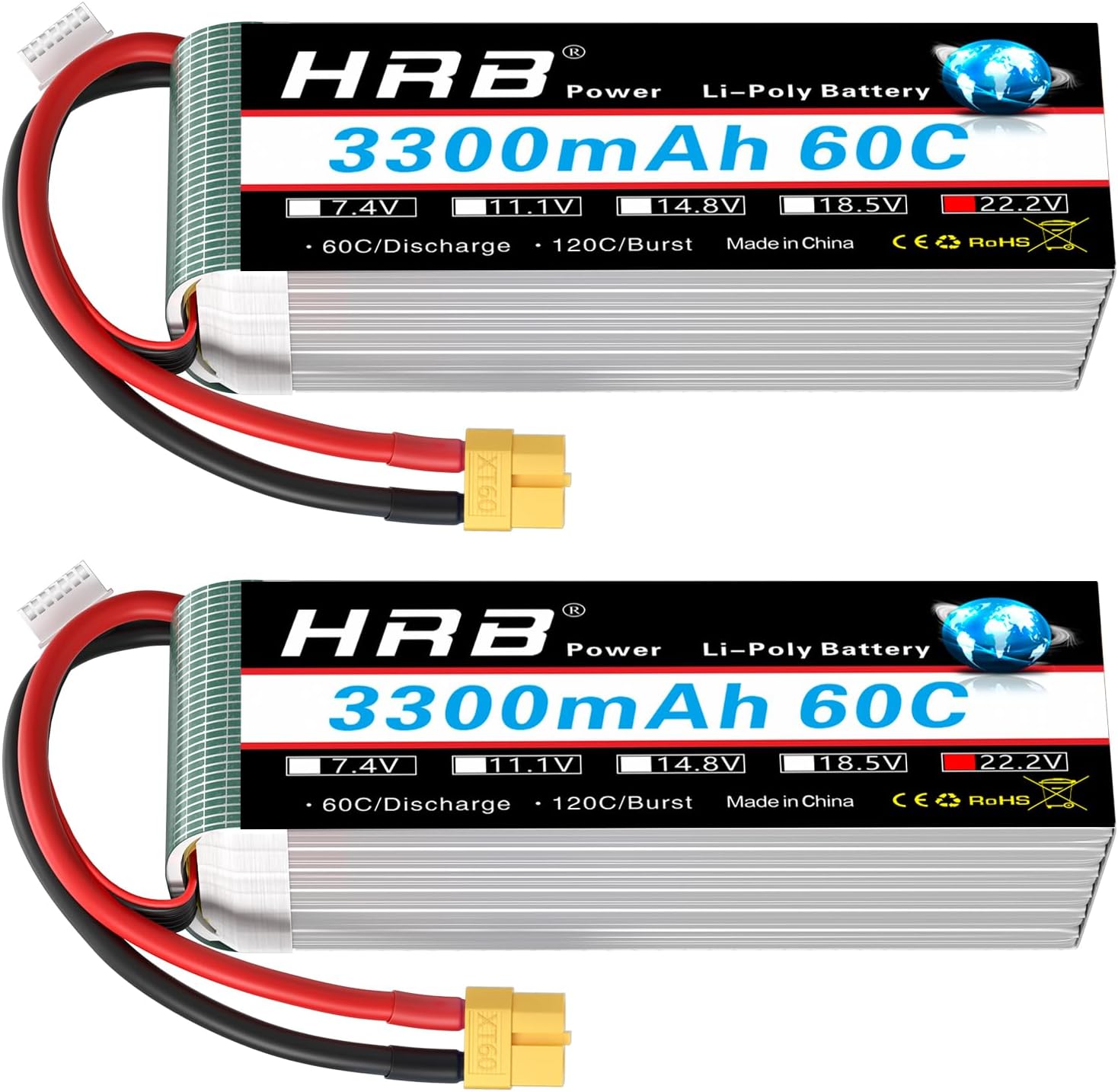 HRB 2-Pack 6S 22.2V 3300mAh 60C LiPo battery set with XT60 connectors, front label view