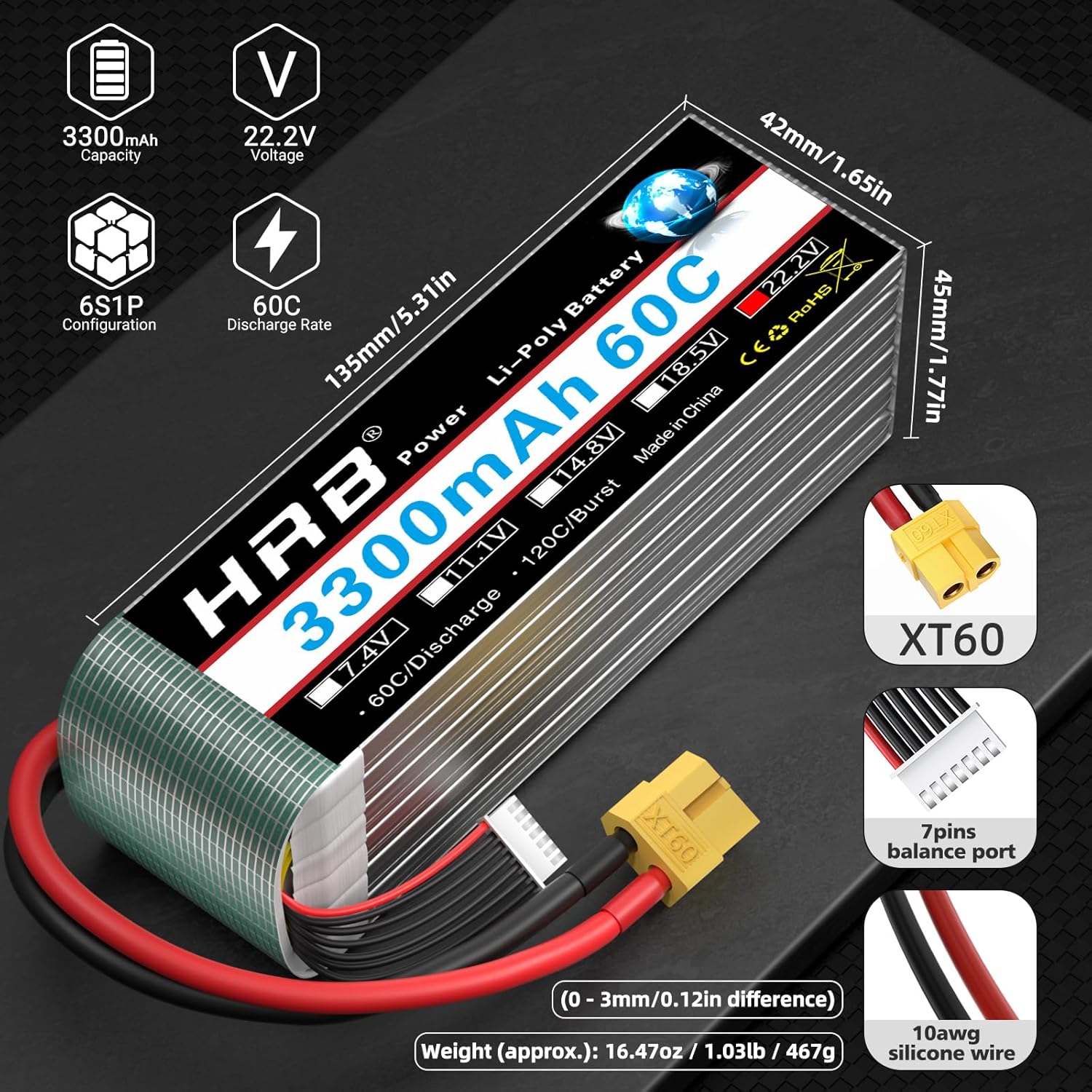 HRB 6S 22.2V 3300mAh 60C LiPo battery size diagram with XT60 plug, 7-pin balance port, 10AWG wire