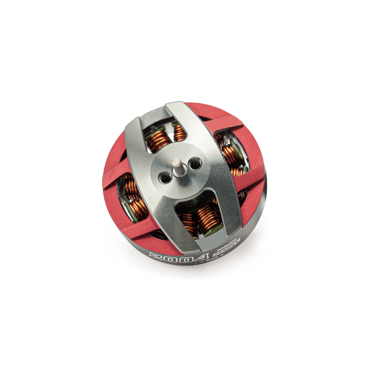 Top-down view of 2004 motor bell with red and silver frame and exposed copper windings