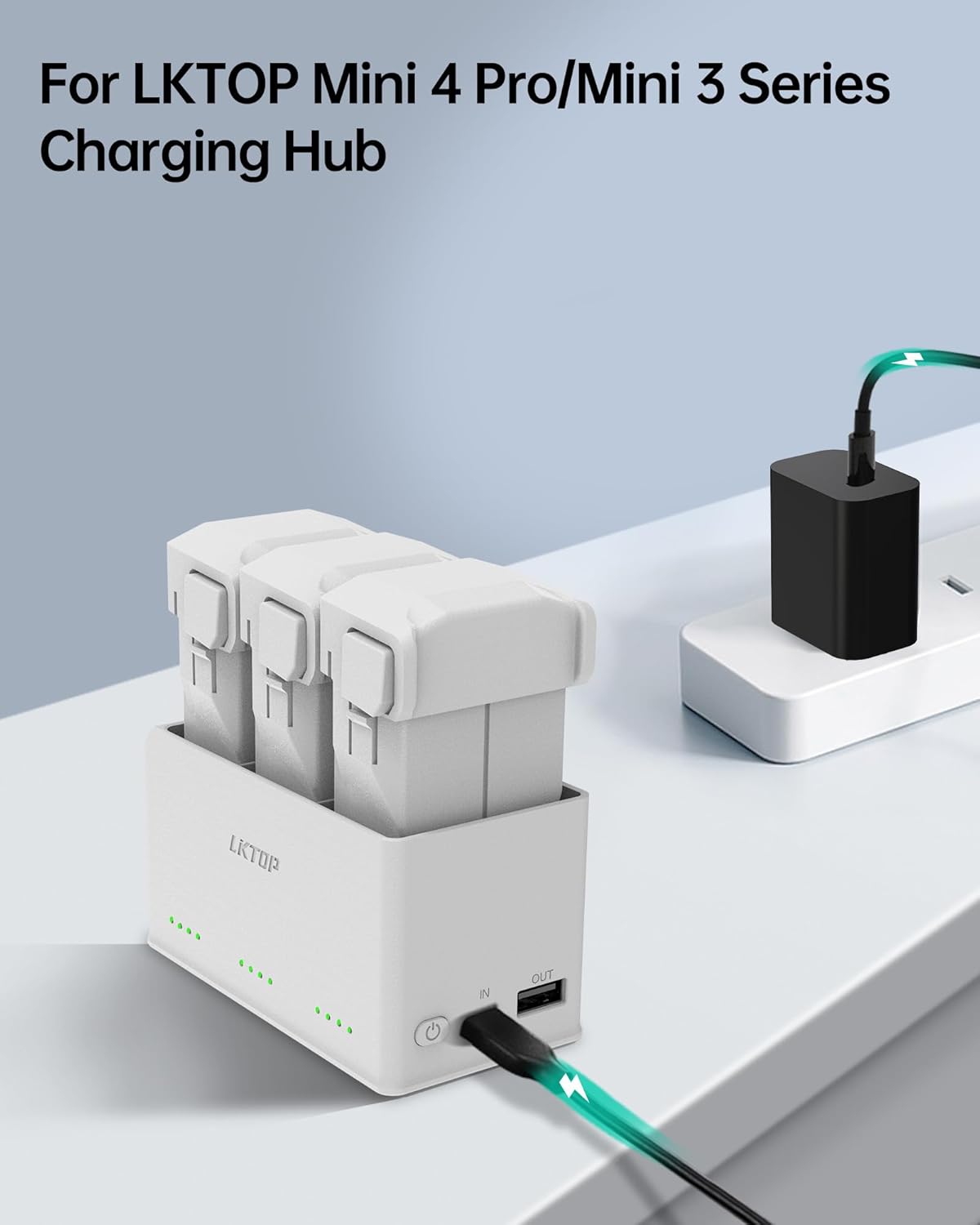 LKTOP 30W USB-C Fast Charger, LKTOP charging hub for Mini drones offers USB-C fast charging, green LED indicators, and a sleek white design.