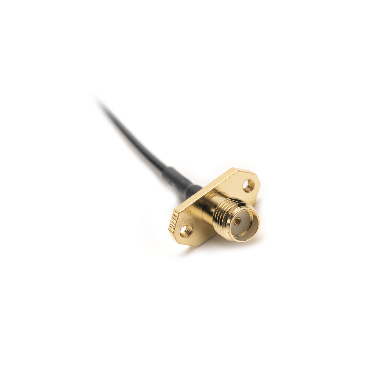 SMA female 2-hole flange panel-mount connector on coax pigtail, gold finish