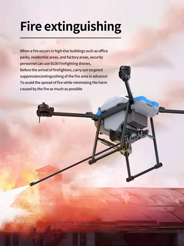 AGR B100 Cleaning Drone, Security personnel use AGR B100 firefighting drones for targeted suppression and extinguishing of fires in high-rise buildings, minimizing damage.