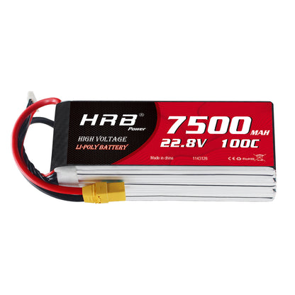 HRB 6S 7500mAh 22.8V HV 100C LiPo battery pack with yellow XT90 connector, front label view
